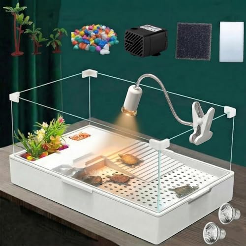 Small Turtle Starter Kit with Integrated Pump, Basking Light, Clear Acrylic 3-Layer Easy Cleaning Turtle Tank Aquarium for Small Reptiles - size: M+Light+Water Pump