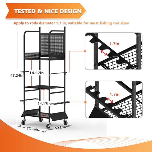 Heavy Duty Fishing Rod Rack, Fishing Organizer for Garage, Fishing Gear Holder for Garage with Movable Wheels - size: 10 Rods & Pegboard