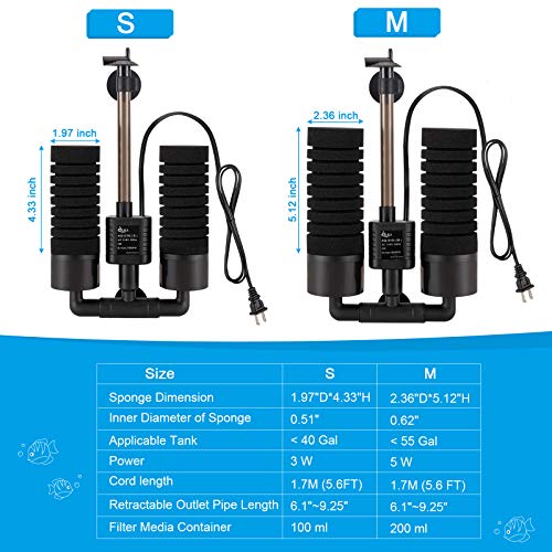 AQQA Aquarium Sponge Water Filter, Power Driven Double Biochemical Filter, Quiet Submersible Foam Filter with 2 Extra Sponges, 1 Bag of Filtered Ceramic Balls for Fresh and Salt Water Fish Tank (L) - size: Large