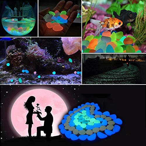 Muzero Glow in The Dark Rocks - 100pcs Garden Pebbles Multi Color Luminous Fish Tank Stone Aquariums Rocks, Decorations for Walkways, Gardens, Houseplants Powered by Light and Solar - color: Multi, size: 100pcs