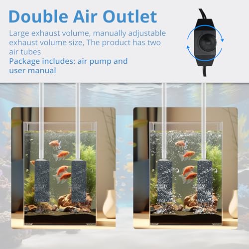 Aquarium Air Pump for Fish Tank, 2 Outlets Adjustable Bubbler, Ultra Quiet & Powerful (3W/5W/10W), Includes Air Stones/Tubing/Check Valve, 108GPH-260GPH for 300-600 Gallon Tanks - size: 5W-Up to 300Gallon