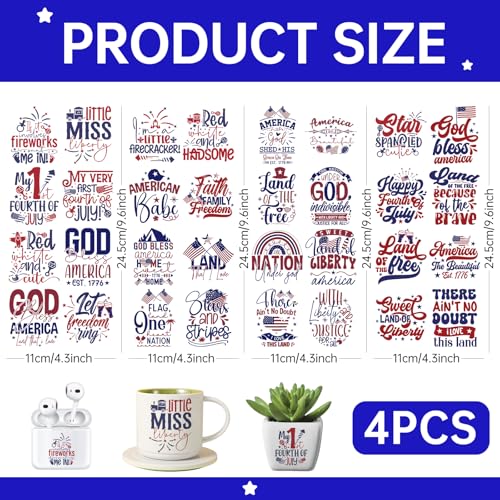 4 PCS Fourth July UV DTF Cup Wrap, Rub on Transfer Stickers for 16oz Glass Mugs, High Viscosity Permanent UV DTF Sticker, Coffee Cups, Water Bottles and Personalized Crafts - style: Fourth July