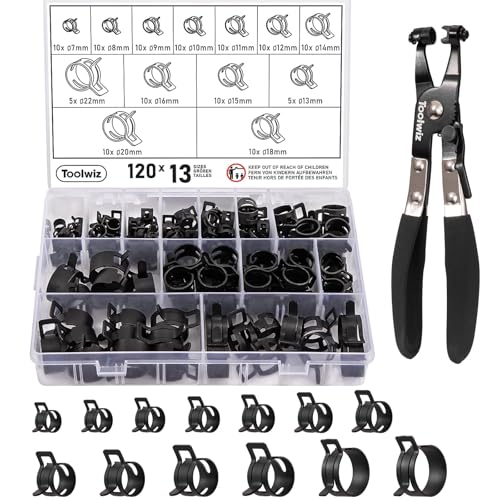 Toolwiz 120Pcs 6-25mm Spring Band Hose Clamp Assortment with Swivel Clamp Pliers, Constant Tension Radiator Hose Clamps, Black Hose Clips for Fuel Line, Silicone Vacuum Hose, Air Tube, Water Pipe - style: 120Pcs Spring Clamps with Plier