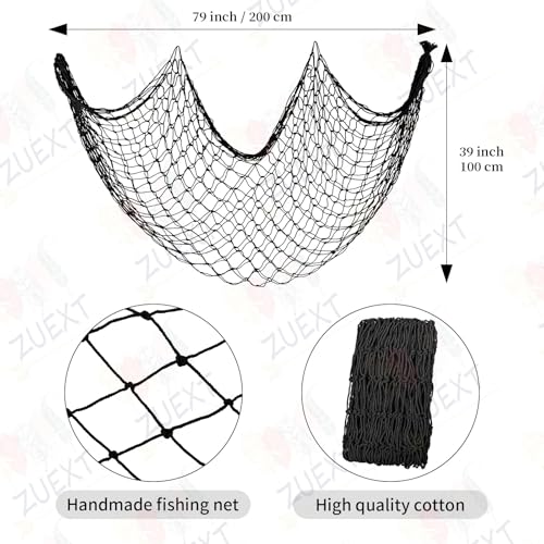 ZUEXT Decorative Fishing Net 80x40 Inch, Large Black Picture Fish Net, Wall Photo Hanging Fishnet for Nautical Mermaid Pirate Ocean Themed Hawaii Beach Under The Sea Party Decorations - color: Black, size: 80" x 40" - 1 Pack