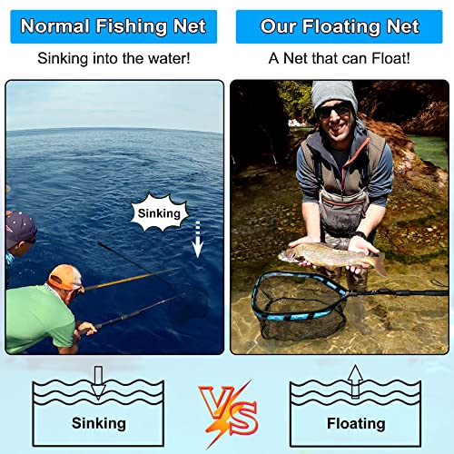 PLUSINNO Floating Fishing Net for Steelhead, Salmon, Fly, Kayak, Catfish, Bass, Trout Fishing, Rubber Coated Foldable Landing Net with Fixed or Telescoping Pole Handle, Fishing Gear and Gifts for Men - color: 19.7"/50cm Hoop Size length 1.5M Blue (Telesco