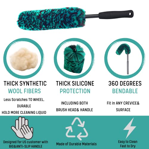 oesee Professional 4 Pack Long Handle Wheel Brush Kit for Cleaning Wheel and Tire- 2X Soft Wheel Cleaning Brush, Detailing Brush and Stiff Tire Brush, Bendable& Durable Wheel Rim Cleaner Brush Set - color: 4 Pack (Green & Black)