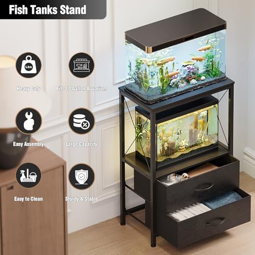 Aquarium Stand 10 Gallon with 2-Tier Shelf, Fish Tanks Stand with 2 Drawers, Metal Frame Heavy Duty Reptile/Turtle Tank Stand for Home Office, Fish Tanks Accessories Storage, Black - color: Black