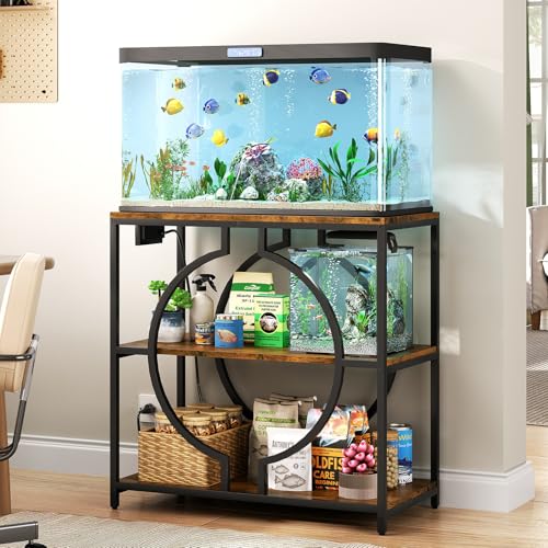 HavenlyYouth 20-29 Gallon Aquarium Stand with Power Outlet, 3 Tier Heavy Duty Metal Fish Tank Stand with Storage Shelf, Fish Tank Table for Home Office, 31.5" L x 15.7" W x 31.2" H, Rustic Brown - size: 20-29 Gallon