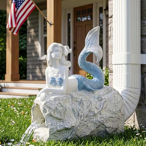 Mermaid Statue Outdoor, Garden Sculpture Figurines for Lawn and Patio Decor, Durable Resin Yard Art, Enchanting Mermaid Design, 10.6" High, Blue Finish for 3"x 4" Decorative Gutter Extension - color: Blue