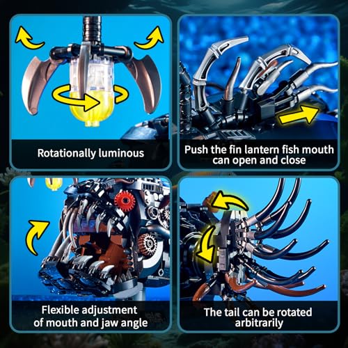 Mechanical Angler Fish Building Set with Light, Creative Ocean Lantern Fish Animal Toy for Home Office Decor, Compatible with Lego Shark, STEM Gift for Adults Teens Boys 8-14+ (1038 PCS) - color: Black