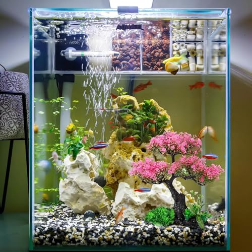 Aquarium Artificial Plants Decor, Cherry Blossom Tree with Grass Set, Pink Plastic, 9.44x3.54x2.75 Inches, for Nature Underwater Landscape (Purple) - color: Purple