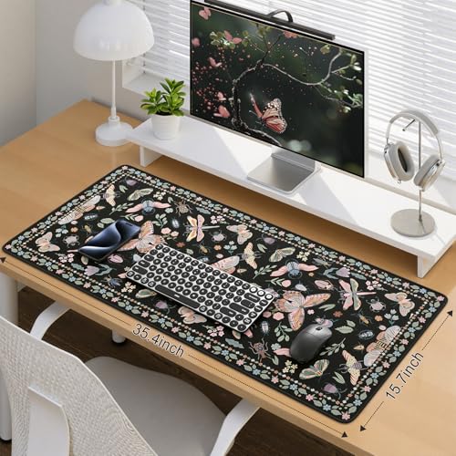 iCasso Black Large Mouse Pad, Desk Matt for Desktop, XXL Desk Mat for Keyboard and Mouse, Anti-Slip Big Mousepad Computer Mat with Stitched Edges(Insects) - color: Insect-black