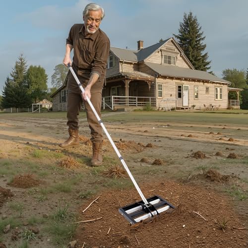 VEVOR Updated Lawn Leveling Rake with Roller, 17'' x 10" Stainless Steel Lawn Leveler with 63.4'' Adjustable Handle, Heavy Duty Yard Leveling Rake, Effort Saving Lawn Leveling Tool for Yard Golf Court - size: 17"x10", style: with Roller: Stainless Steel