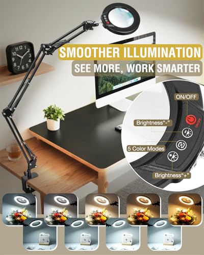 12X Magnifying Glass with Light and Clamp, Ultra Long 3 Section Swing Arm LED Desk Lamp, Real Glass Lens, 5 Color Modes Dimmable, Hands Free Lighted Magnifier with Stand for Repair Craft Close Work - color: Black, size: 12X 36inch Clamp