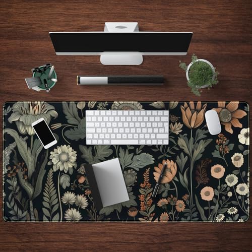 Aesthetic Vintage Dark Flower Plants Wildflowers Large Gaming Mousepad XXL Keyboard Mouse Mat Full Desktop Mat Women Desk Cover Mat for Work Office Home 31.5x15.8 in - color: Vintage Plants