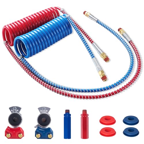 Semi Truck Air Brake Line Hose Coil Assembly Coiled Set Airline Blue Red Pigtail Trailer Air Hose,1/2" NPT DOT Fittings with Glad Hands & Grips & Rubber Seals (15' Length x 40" Tractor Lead) - color: 15FT Long Tail Air Brake Line & Glad Hands