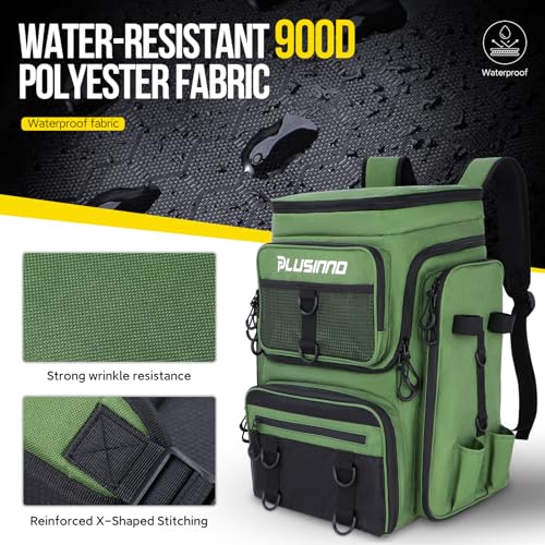 PLUSINNO Fishing Tackle Backpack with Rod Holders，42L Water-resistant Fishing Bag Store Fishing Gear,Fishing Gifts For Men. - color: Green