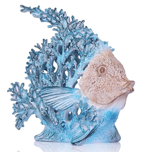 Beach Coastal Decor Turquoise Coral Reef Angelfish Figurines, Modern Nautical Decor Ocean Centerpieces for Living Room, Bathroom, Office, Coffee Table, Beach House, Seaside, Entrance, Shelf Decorative - color: Turquoise, size: Large