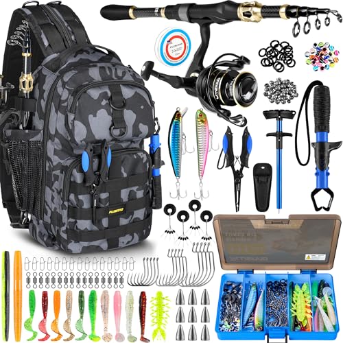 PLUSINNO Fishing Backpack with Fish Rod and Reel Combos Tackle Boxes, Waterproof Tackle Backpack for Fishing Gear with Rod Holder, Fish Gifts for Men with Tool Kit - color: Black Camo Backpack With Rod and Reel Combo