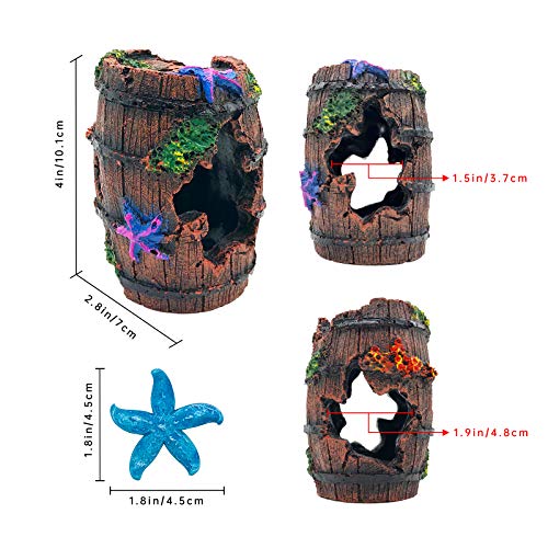 GSD Star-Fish Broken Barrel Decor Resin Betta Tank Accessories Ornaments for Cave Hide Decorations, Broken Barrel x 1pc, Blue Star Fish Ornaments x 2pcs