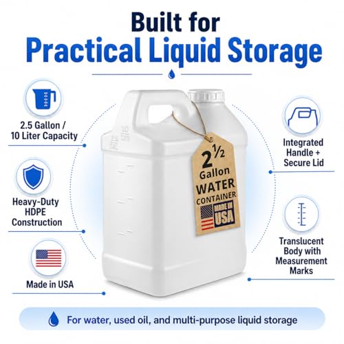 kitchentoolz 2.5 Gallon Water Jug – Water Container Heavy-Duty HDPE Carboy for Automotive Used Oil Container & Liquid Storage – 10 Liter Water Jugs with Secure Lid – Made in USA - color: Translucent