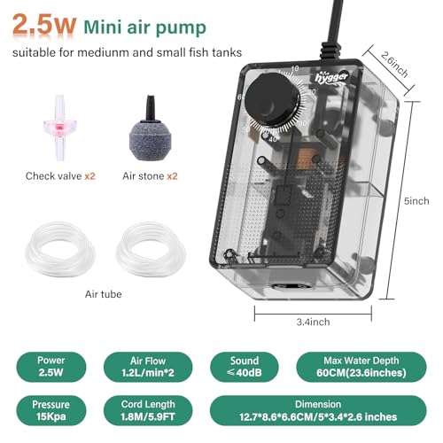 hygger See-Through Air Pump for Aquarium: Adjustable Oxygen Pump，Silent Powerful Aerator Pump 2.5W 2 Air Outlets Ultra Silent for Small Medium Fish Tank,Hydroponic Systerm, Household Commercial Use - size: 2.5W