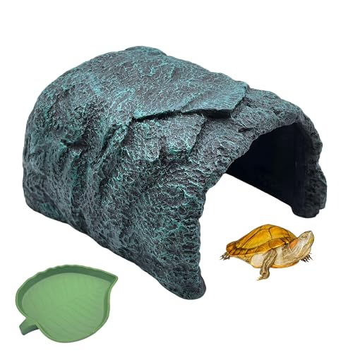 M2cbridge Aquarium Fish Hide Cave Reptile Hideout Cave Terrarium Amphibians Habitat Decor(Green Rock+ Water Dish) - style: Green Rock+ Water Dish
