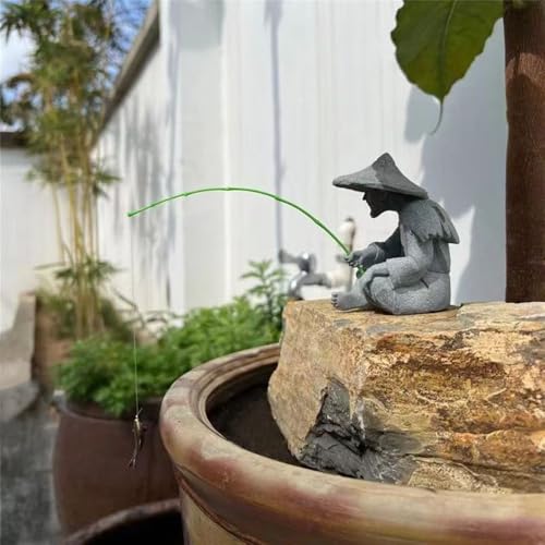 livelyfish Mini Fisherman Statue Asian Zen Decoration Sitting Fishing Figurines Sandstone Vintage Ornament for Aquarium Fish Tank Pot Garden Home Japanese Decor, C - color: Yellow