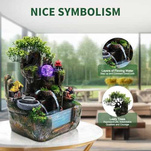 Waterfall Fountain, Desktop Fish Tank Fountain with Atomizer, Fisherman and Colorful LED Lights, for Living Room, Bedroom, Yoga Room, Office, Study, Meditation Room - size: D