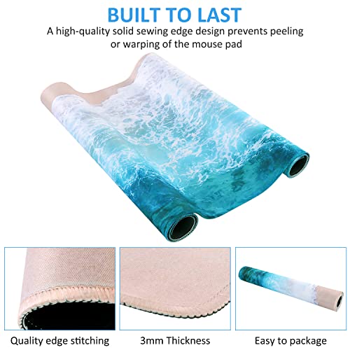 iCasso Extended Gaming Mouse Pad (35.4x15.7 in), Large Non-Slip Rubber Base Mousepad with Stitched Edges, Waterproof Keyboard Mouse Mat Desk Pad for Work, Game, Office, Home - Beach - color: Beach