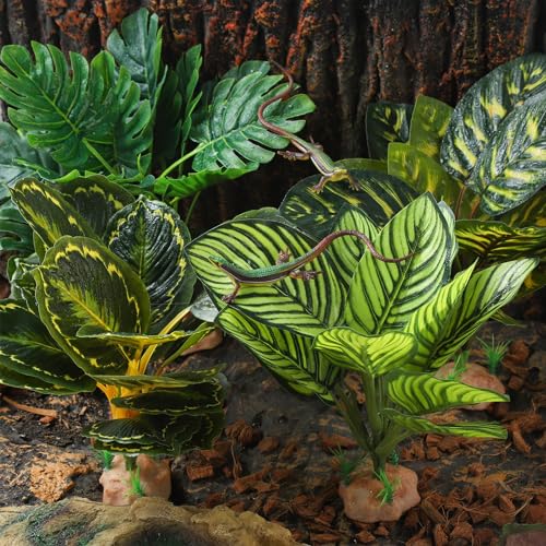 IBWell Reptile Plants - Tortoise Habitat Accessories, Artificial Spider Plant for Gecko, Ball Python, Terrarium Decor - Monstera