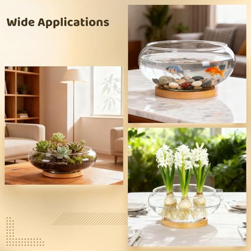 4PCS Lotus Bowl Planter with Wood Tray, 6 Inch Round Glass Vase for Hydroponics, Glass Fish Bowl, Bowl Planter for Plants Indoor Windowsill, Home Decor (4PCS)