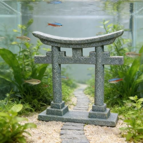 livelyfish Japanese Shinto Torii Gate Fish Tank Decorations Asian Aquarium Statue Decor Japan Shrine Oriental Pagoda Bridge Sandstone Ornament Betta Fish Decorations for Tanks, Grey, S - size: Small-1