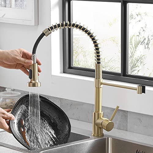 Kitchen Faucets with Pull Down Sprayer 304 Stainless Steel Industrial Single Handle One Hole Faucet for Farmhouse Camper Laundry Utility Rv Wet Bar Sinks Gold 9009K - color: C - Brushed Gold