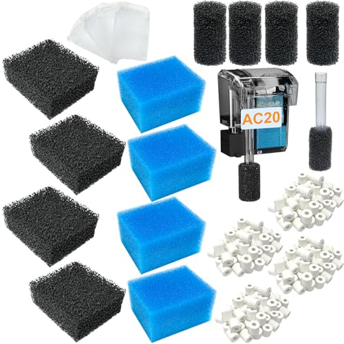 20 Pack Filter Media Kit Compatible with Fluval AquaClear AC20 Power Filter (5-20 Gallon), Includes 4 Foam Filters, 4 Carbon Sponge Filters, 4 Pack Ceramic Rings and 4 Intake Strainer Sponges - size: AC20 Series