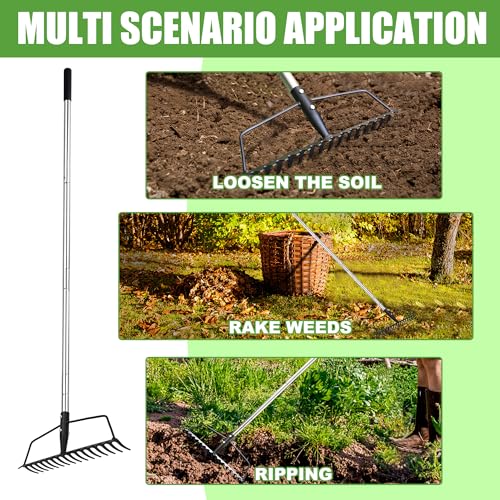 YEELOR Garden Rake, Heavy Duty 16-Tine Bow Rake with Adjustable Stainless Steel Handle, Metal Rake for Yard Work, Loosening Soil, Leveling Mulch, Gathering Leaves