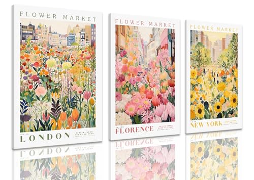 XLARTMY Flower Market Wall Art Print Canvas Framed Yellow Pink Floral Paintings Colorful Botanical Sunflower Artwork Travel Poster for Decor Picture 3 pieces for Living Room Bedroom Bathroom 16x24in - color: Flower Market-2, size: 16x24in Canvas