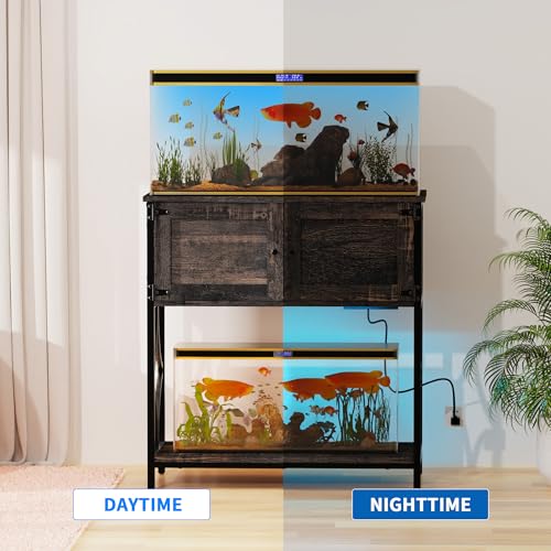 20-29 Gallon Fish Tank Stand, Aquarium Stand with Power Outlets &LED Light, Metal Frame Fish Tank Stand with Cabinet Accessories Storage, 30.7" L*15.7" W Tabletop, 330LBS Capacity, Dark Oak - color: Dark Oak