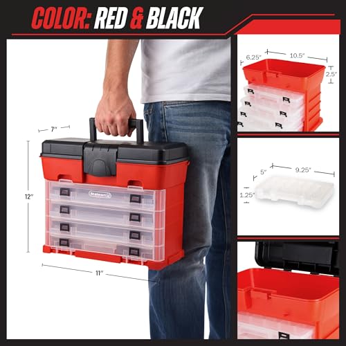 Small Parts Organizer Box - 11-Inch Portable Storage Case with 4 Removable Multi-Compartment Trays for Screws, Beads, Small Fishing Tackle, Hardware, and Craft Supplies by Stalwart (Red) - color: Red