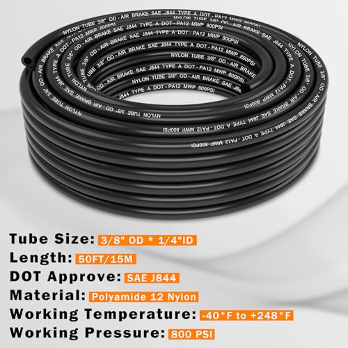 CheeMuii 50 FT 3/8 Pneumatic Tubing 3/8" PA12 Nylon DOT Air Line SAE J844 DOT Air Hose 15.3 Meter 3/8 Inch OD Pneumatic Air Tubing Pipe Hose Line - color: Black, size: 3/8"OD-50FT