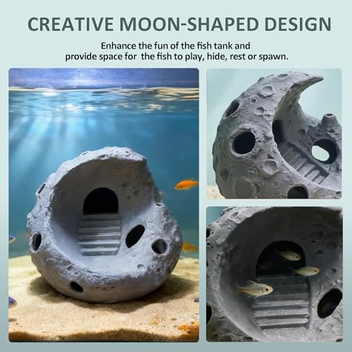 Aquarium Decor, Moon-Shaped Fish Tank Decorations, Aquarium Cave Fish Hideout for Betta Goldfish Shrimp (Gray‌) - color: Gray‌