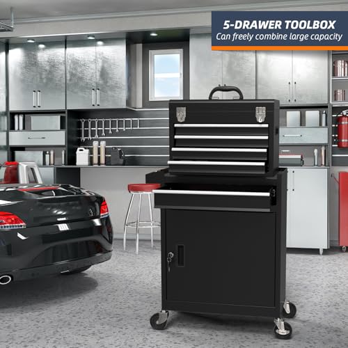5-Drawer High Capacity Rolling Tool Box, Removable Cabinet Storage Tool Chest with Wheels and Drawers, Detachable Toolbox with Lock for Mechanics Garage Workshop and Tool Room (Black) - color: Black