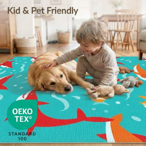 4'x6' Washable Graphic Shark Area Rug, Turquoise Flatwoven Floor Mat for Home Office, Gaming Room, Under Desk, Non-Slip Chair-Friendly Carpet | Ref:2070035 - color: Blue/Pattern 12, size: 4' x 6' (Rectangular)