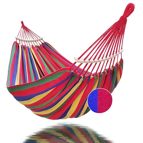 GOCAN Double Hammock 2 Person Extra Large 220x160cm Total Length 330cm Load 500lb Canvas Cotton Hammock for Patio Porch Garden Backyard Lounging Outdoor and Indoor with Removable Spreader bar - color: Red Stripe
