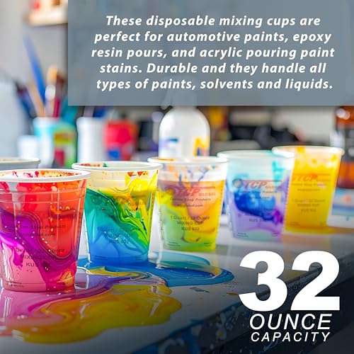 Custom Shop Paint Mixing Cups, 32-Ounce (36 Pack) - Plastic Measuring Cups for Liquids, Automotive Painting, Epoxy Resin, Acrylic Arts, Crafts, Disposable or Reusable, Graduated, Mixing Ratios - style: 36 Cups + 12 Lids