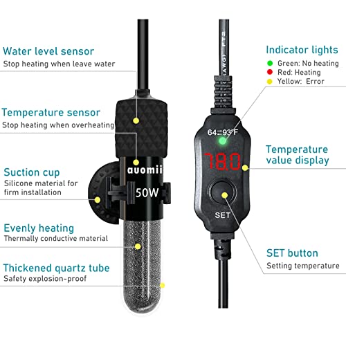 Small Submersible Aquarium Heater,Adjustable Mini Fish Tank Heater 25/50/100/150/200/300 Watts with External Temperature Controller, LED Display, Smart Memory, Used for 1-60 Gallons (50W)