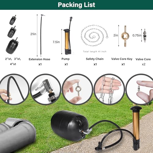 Upgraded 3PK Inflatable Pipe Plug Balloon Kit(2",3",4") with Fast Air Pump & Extension Hose, Rubber Sewer Test Balls with Safety Chain & Valve Tool for Plumbing Pressure Testing/Drain Blocking - size: 2 Inch,3 Inch,4 Inch