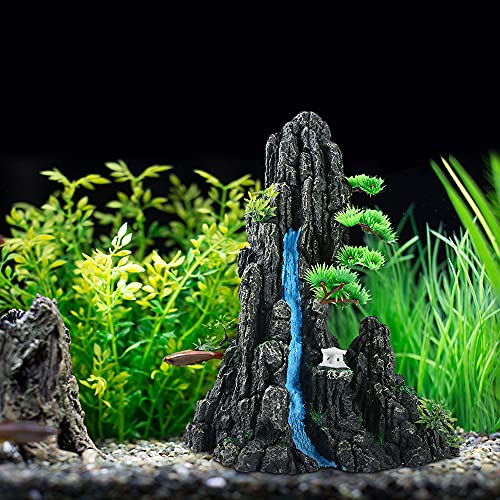 Large and Tall Fish Tank Decorations Aquarium L9.84x W6.14x H12.99inch, Resin Mountain View Aquarium Decor, Rock Thematic Ornaments with Tree & House for Betta Cichlid Goldfish Shrimp Playing Hiding - color: 4#