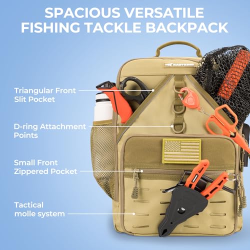 KastKing KarryAll Fishing Tackle Backpack with Rod Holder 4 Tackle Boxes,40/26L Tackle Bag Storage Fishing Gear and Equipment - color: E: Medium (26 L) - Khaki