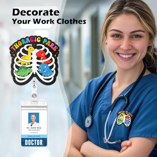 Funny Nurse Badge Reel, Thoracic Park Dinosaur Retractable Badge Holder with Clip, Radiology Tech X-ray Orthopedic ID Holder Gifts for Pediatric Nurse Doctor Student - color: Dinosaur Park